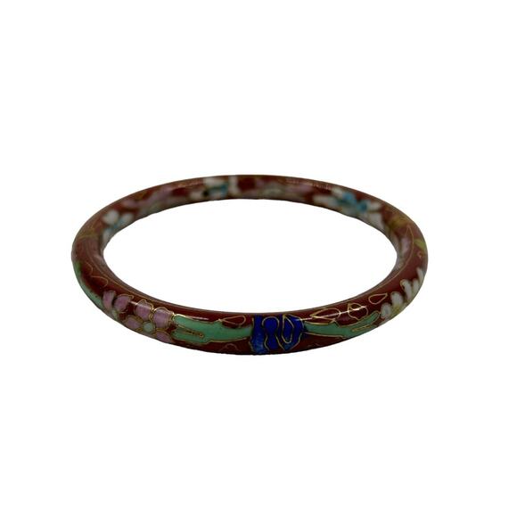 Hinged Bangle Bracelet Cloisonne Multicolor Flowers Brown Enamel Chinese Export - Picture 1 of 3
